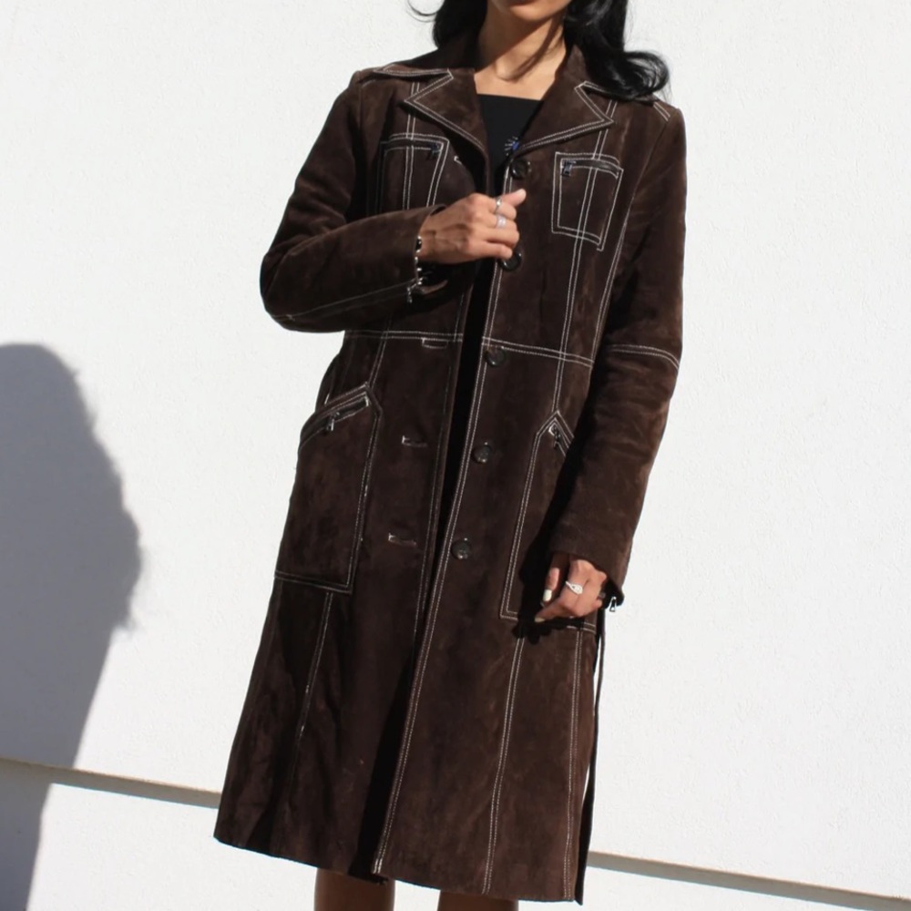 SOLD Vintage Y2K Guess Brown Suede Trench w/contrast stitching + waist belt (S)